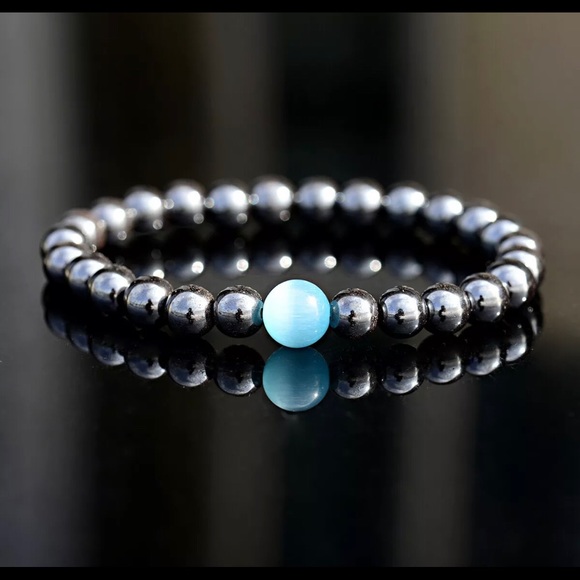 Hematite 8mm Healing Bracelet Blue Ball Stretch - Picture 5 of 14
